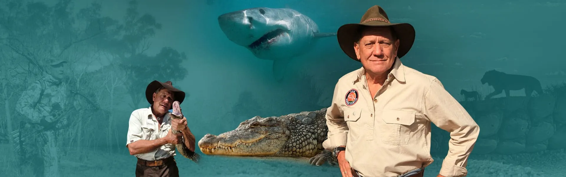 David Ireland, the Wildlife Man, with a crocodile, a great white shark and a lion